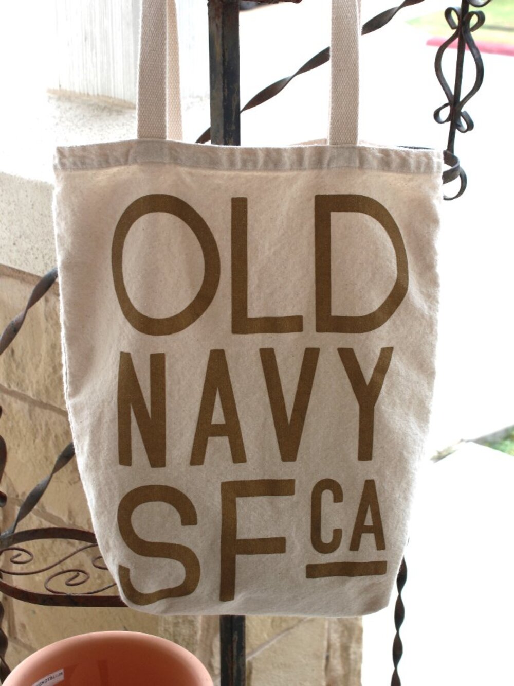 2014 Old Navy SA CA Canvas Tote Gold Graphic Lettering Natural Bleached Cotton